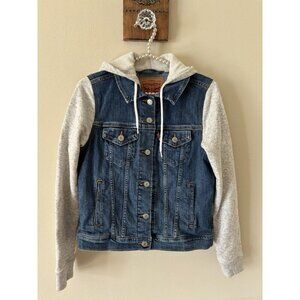 Levis Hybrid Womens Size M Blue Denim Hybrid Trucker Jacket Gray Hood Sleeves